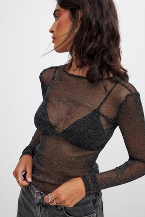 NA-KD Glitzer Mesh-Oberteil mit langen Ärmeln - Party Oberteile - Schwarz - XS (EU 32)