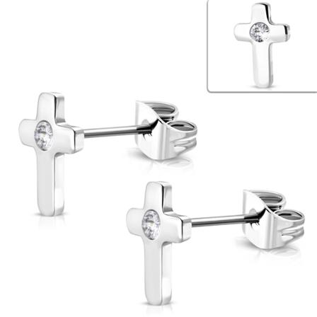 Stiftörhängen Kors Stål 316l, Klar Cz Silver