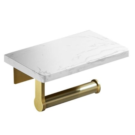 Borstad guld toalettpappershållare i rostfritt stål med vit naturlig marmorhylla, väggmonterad