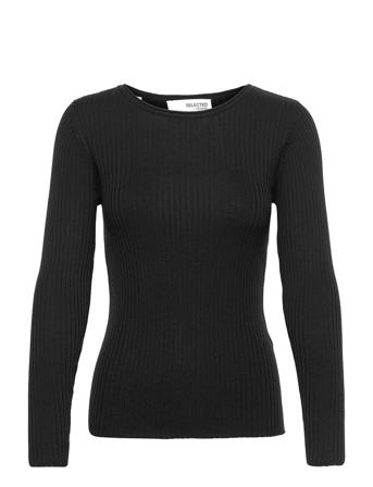 Slflydia Ls Knit Rib O-Neck Pullover Svart Selected Femme