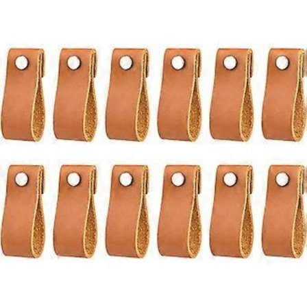 Sæt med 12 møbelhåndtag i læder, dørhåndtag med skruelåg, skuffeskab bumper håndtag brun 2,6*7,5 cm