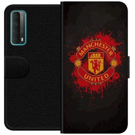 Yhteensopiva Lompakkokotelo Huawei Huawei P smart 2021 Manchester United logo punaisella ja keltaisella värillä, raikas urheilullinen tausta