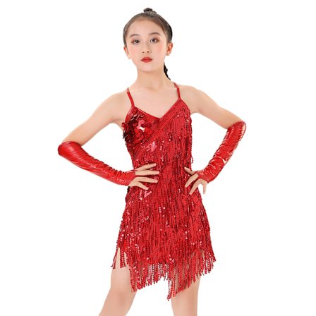 Barn Latin Dance Klänning för Flickor Sexig Paljett Frans