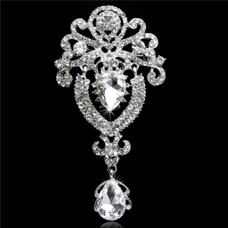 Bryllupsbrosje med store blomster i sølv Rhinestone Crystal Diamante W Hvit