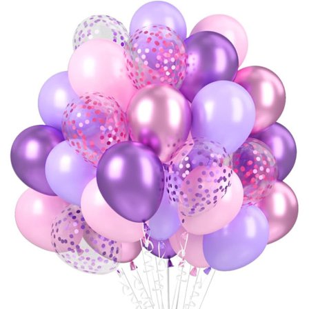 60 lilla-rosa metalliske balloner, pastelrosa latex konfettiballoner, til fødselsdag, bryllup, dåb, første kommunion, eksamen