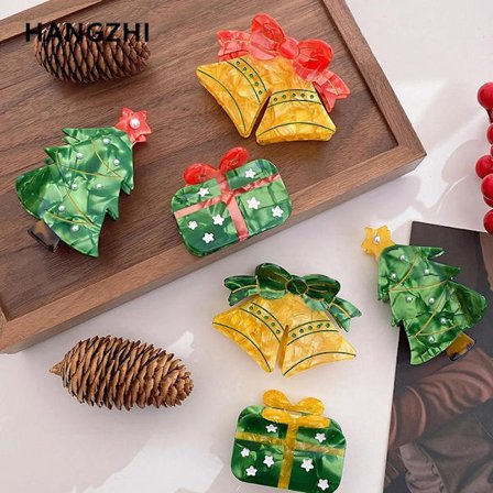 3pcs Funny Christmas Tree Bell Hair Clip Cute Gift Box Claw Shark Clip Acetic Acid Pearl Star Festival Hair Jewelry for Women