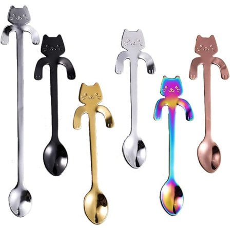 6-pak Mini Kattekaffeskeer, 5 Skeer + 1 Langskaftet Ske, Rustfrit Stål Hængende Kopskes Design Røreske til Te Dessert Drik Miksning