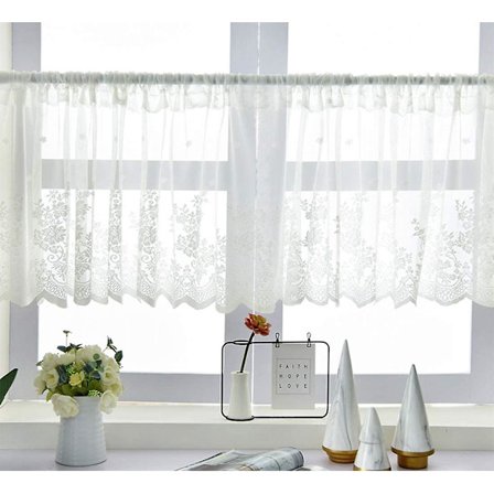 Hvit halv gardin med blonder, tier gardin for små vinduer, soverom, stue, kjøkken, skap, støvtett halv gardin, 150 x 60 cm