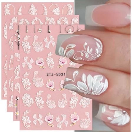 3D Blomster Negle Klistermærker, Negle Kunst Dekaler, Selvklæbende 5D Negle Dekorationer, Negle Kunst Design, Manicure, 4 Ark