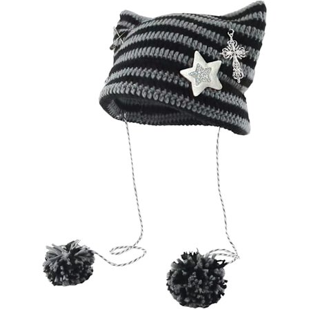 Kat Hue Sød Hæklet Kat Hue Med Sølv Stjerne Hårnål Vintage Tilbehør Håndlavet Grunge Strikket Hat