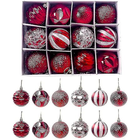 Julekuler 12 Stykker 6cm Plastkuler Sett Med Henger Juletrepynt For Juledekorasjon (rød, Rosa, Blå)