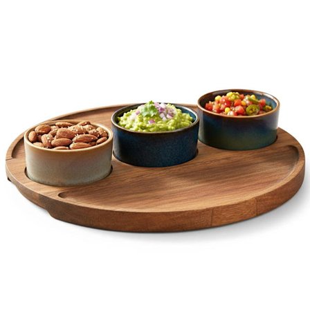 Keramiske snackskåle med akaciebakke, sæt med 4 dele