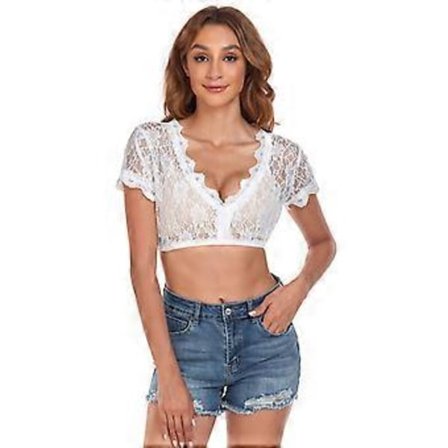 100% Ny Opgraderet Bayersk Oktoberfest Kostume til Kvinder Traditionel Dirndl Bluse Ølhave Cropped Top (38 Hvid kortærmet)