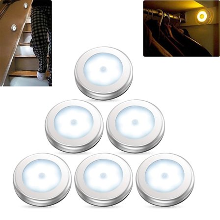 6-pak Rörelsesdetektorlampe, Batteridrevet LED-Natlampe, Trappebelysning, Under-Skabsbelysning, Fastgør Hvor Som Helst i Hjemmet, Køkkenet, Hallen, 