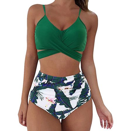 Dame Wrap Bikini Sæt Push Up Højtaljet Todelt Badetøj Split Slange Skind Print Badetøj til Svømning Vandsport (grønne blade) XXL