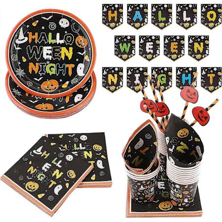 121 Delar Halloween Party Servisset Inklusive 24 Papptallrikar, 24 Pappmuggar, 24 Papperssugrör, 48 Servetter, Banner