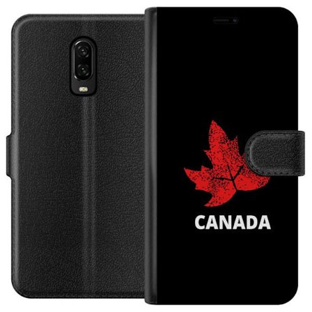 Yhteensopiva Lompakkokotelo OnePlus OnePlus 6T Graafinen vaahteralogo punaisella mustaa taustaa vasten, jossa on selkeä Kanada-viittaus ja minimalist