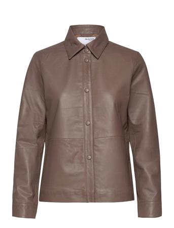 Slfmoon Ls Leather Shirt W Brown Selected Femme