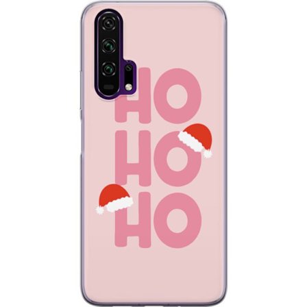 Honor 20 Pro Gennemsigtig cover HO HO HO pink julemotiv med nissehuer typografi vinterdetaljer og moderne Christmas aesthetic ren farverig vinterdesi