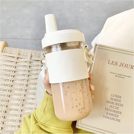 Bubble Tea Kopp, 500 ml, Drikkekopp, Smoothiekopp med Lokk og Sugerør, Gjenbrukbar Glasskopp for Bubble Tea, Juice, Kaffe