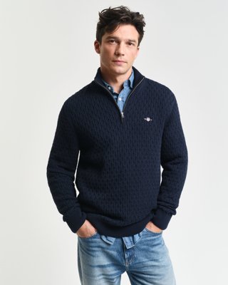 GANT - Teksturert bomullsgenser med halv-zip til herre evening blue
