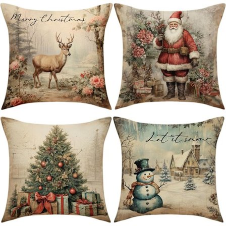 4 kpl Merry Christmas tyynynpäälliset joululahjat joulukuusi neliö tyynynpäälliset pellava vetoketju tyynynpäällinen (18x18 tuumaa)
