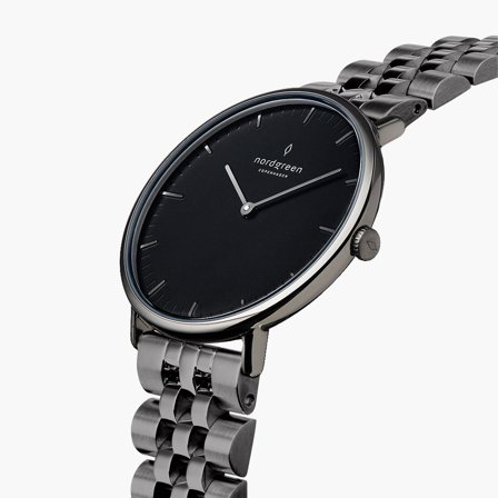 Nordgreen Women's Slim Dress Watch - Silver Case - Black Dial - 5 Linked Metal Watch Strap Native White Dial