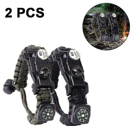 Hätä-paracord-rannekorut | 2 kpl:n setti | Piikivisytytin, pilli, kompassi | Paras erämaaselviytymispakkaus retkeilyyn/kalastukseen ja muuhun