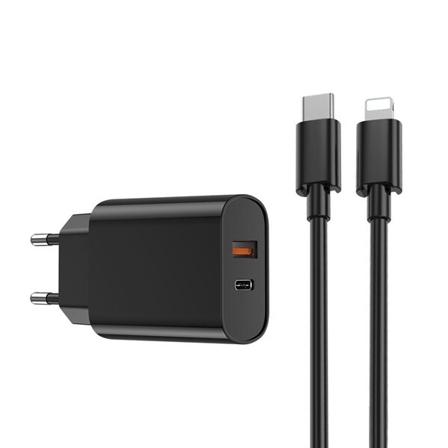 WIWU seinälaturi PD + QC 20W 1xUSB 1xUSB-C ja USB-C Lightning-kaapeli - musta