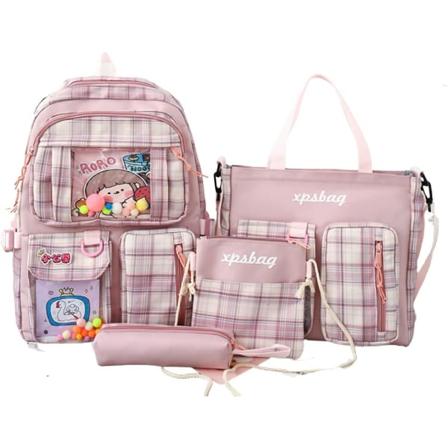 Kawaii-esteettinen söpö 4 kpl koululaukkusetti tarvikkeilla Koulutoimittajat teini-ikäisille tytöille Reppu Tote-laukku (Pink)...