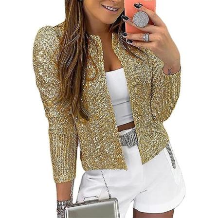 Kvinnor Paljettkavaj Öppen Front Jacka Party Christmas Puff Sleeve Sparkly Coats Gold L
