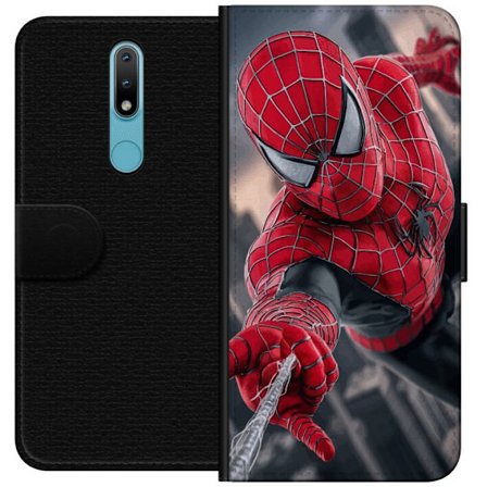 Yhteensopiva Lompakkokotelo Nokia Nokia 2.4 Dynaaminen Spider-Man-kuvaus toimintanäkökulmasta, supervoimien teema liikkeen energialla ja elokuvamain