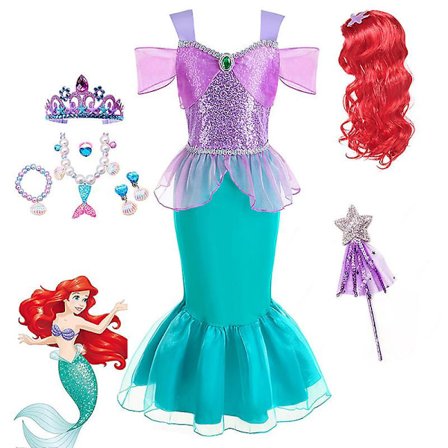 Ariel Kjole Cosplay Kostumer Halloween Havfrue Prinsesse Nederdel Ariel Prinsesse Kjole Halskæde Ørering Krone Tryllestav Kjole{EE}