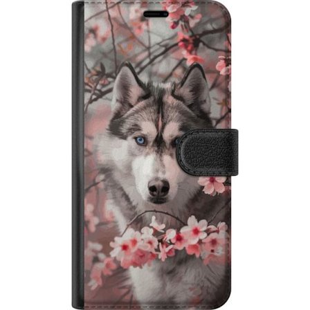 Yhteensopiva Lompakkokotelo Samsung Galaxy A16 5G Husky sinisillä silmillä ympäröitynä vaaleanpunaisilla kirsikkapuun kukilla - elegantti, kaunis ja l