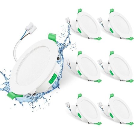 6-pakning Runde Hvite Innfelte LED Spotlights, 7W 230V, Dimbar, 68mm, IP44, 3000K/4000K/6500K, for Bad Kjøkken