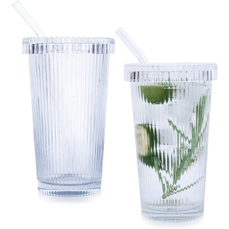 2 stk. 375ML Ribbede Klare Glas Krus, Kold Kaffekop med Låg og Sugerør Drikkeglas Sæt