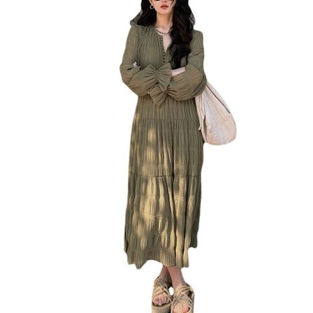 Womens V-hals Langærmet A-Linje Ruffle Lagdelt Casual Lang Maxi Kjole (Grøn XS)