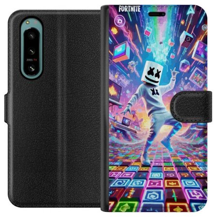 Sony Xperia 5 IV Lompakkokotelo Marshmello tanssii neon-päällysteisessä digitaalisessa maisemassa, jossa värit, symbolit ja teknologia liitävät