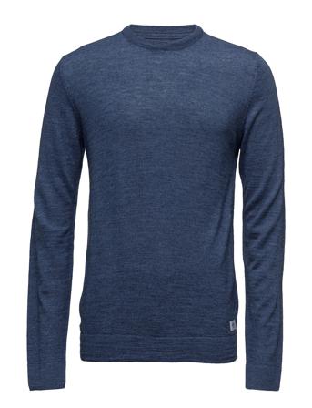 Merino Knit O-Neck Strikkegenser M. Rund Krage Blå Lindbergh