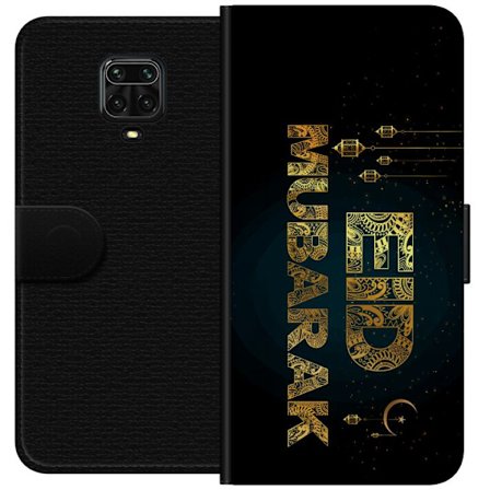 Kompatibel Tegnebogsetui til Xiaomi Redmi Note 9 Pro Gyldent Ramadan-motiv med dekorativ typografi, lanterner, halvmåne og stjerner på en mørk bagg