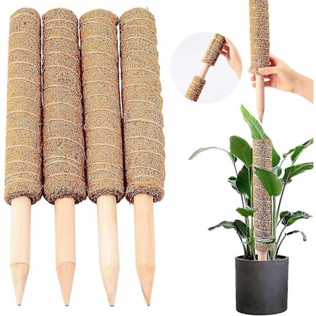 64 tommers mosestolper for planter, 4 pakker mosestolpe 16'' kokosnøtt totempælpinne plantesupport for klatring innendørs planter, monstera og 
