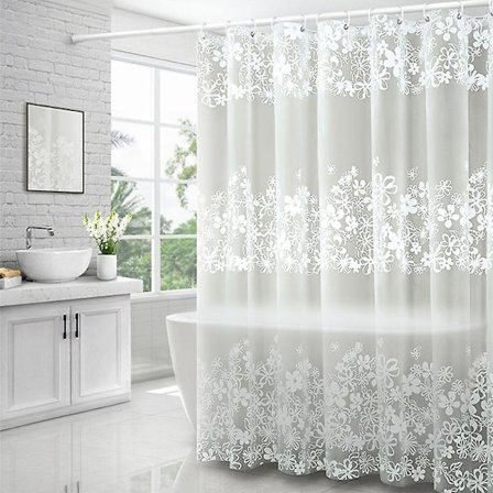 Mögelbeständig duschdraperi, 180 x 200 cm, vattentät Peva-duschdraperi med vita blommor, inklusive rynkfria ringar