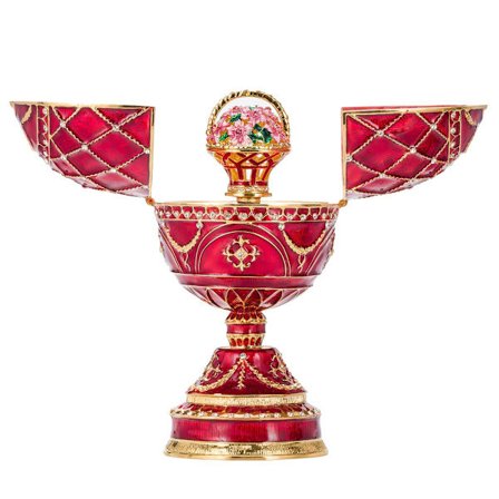 Faberge stil æg Musikæske Smykkeskrin med kurv med blomster 17 cm rød