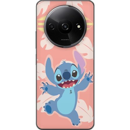Kompatibel Mobilcover til Xiaomi Redmi A3 Glad illustration af Stitch der hopper foran lyserød baggrund med surfbræt
