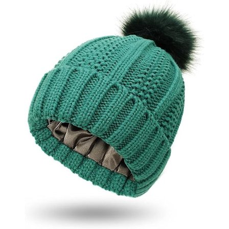 Strikket damehue med satinfor Pom Pom Vinter Varm Hue Tofshue