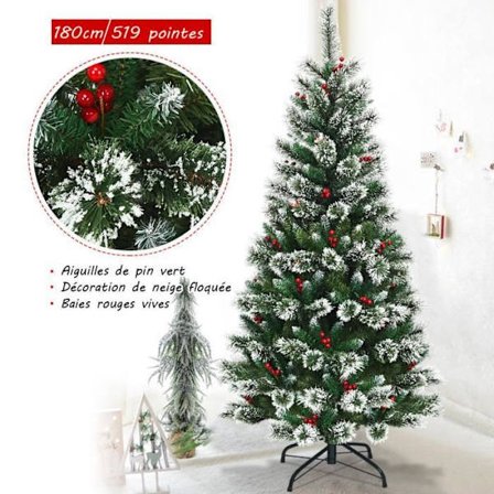 COSTWAY 180 cm konstgjord julgran med snöflingor med täta röda bär, metallbas 100 % PVC semesterdekoration