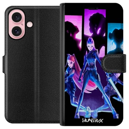 Yhteensopiva Lompakkokotelo Apple Apple iPhone 16 Tulevaisuutta ennustava tyttöryhmän kuva, jossa on neonvaloja ja voimakkaita värejä sci-fi-estee