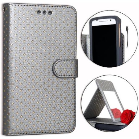 Hölster för Oppo A53 2020 - SILVER - Ekoskinn - Korthållare - Spegel - Synliga sömmar