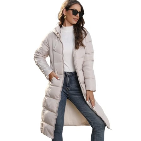 Huvförsedd damkappa i bomull, medellång, slimmad bomullsjacka, varm dunjacka i bomull, damkappa khaki{FY}