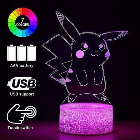 3D Pikachu Anime-lampa - Pikachu-leksaker Färgförändrande Dekorlampa med fjärrkontroll och smart touch, Jul- och födelsedagspresenter till Pikachu-